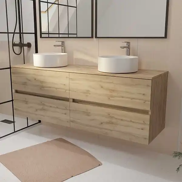 Meuble de salle de bains 160 TIMBER Décor Chêne - 4 Tiroirs - 2 Vasques Rondes Blanches AURLANE Retour Gratuit