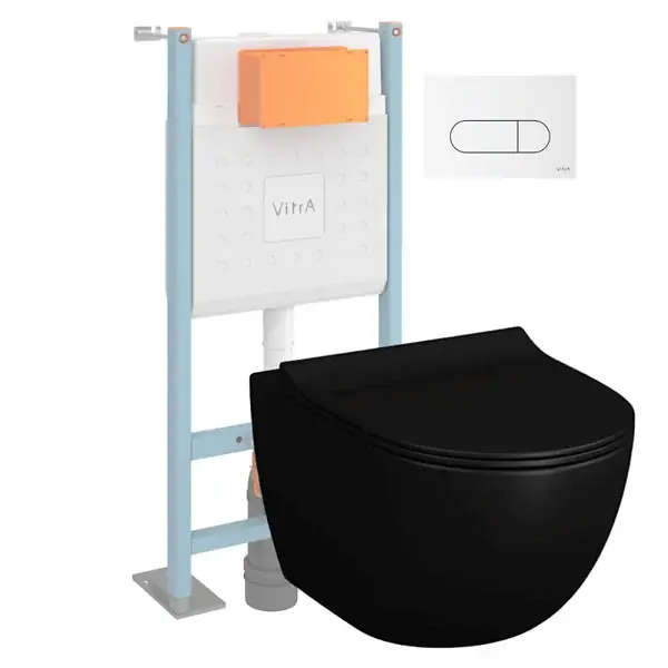 Affaire À Saisir Pack WC suspendu VitrA Sento noir + bâti autoportant V-Fix Core + Plaque Round Blanche
