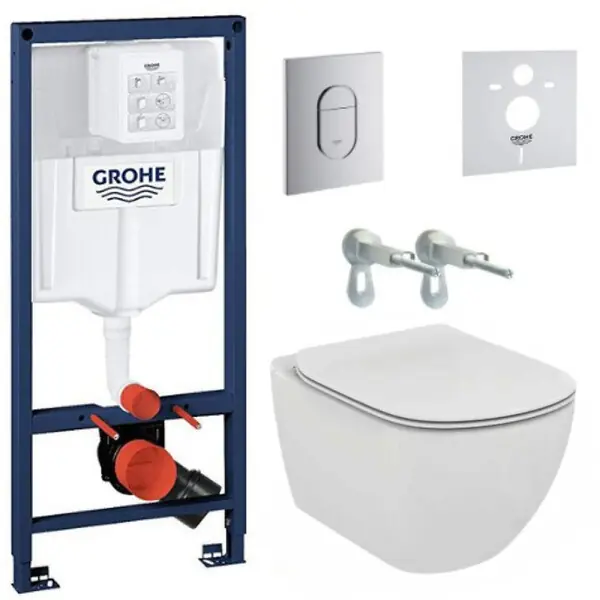 Grohe Pack WC Bâti-support + WC suspendu Ideal Standard Tesi Aquablade + Abattant slim avec frein de chute + Plaque Arena Chrome Prix Promo
