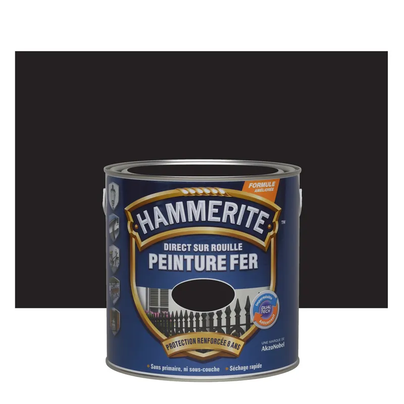 Nouveauté Peinture fer extérieur direct sur rouille finition lisse noir satin 2,5 L- HAMMERITE