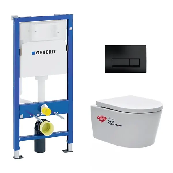 Pack WC Bâti-support Geberit + cuvette Swiss Aqua Technologies suspendue sans bride + plaque noir mat (SATRIMLESSGEB10-SP) Commande En Gros
