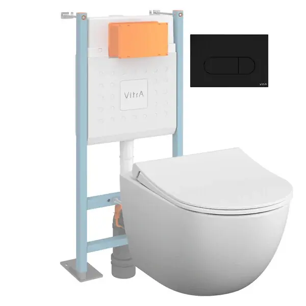 Prix Réduit Pack WC suspendu VitrA Sento blanc mat + bâti autoportant V-Fix Core + Plaque Round noir mat
