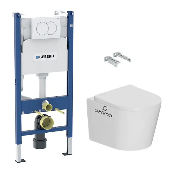 Nouvelle Collection Pack WC bâti-support Duofix 112cm + WC sans bride Ceramia + abattant SoftClose + plaque blanche (CETORGEB3-DE) GEBERIT
