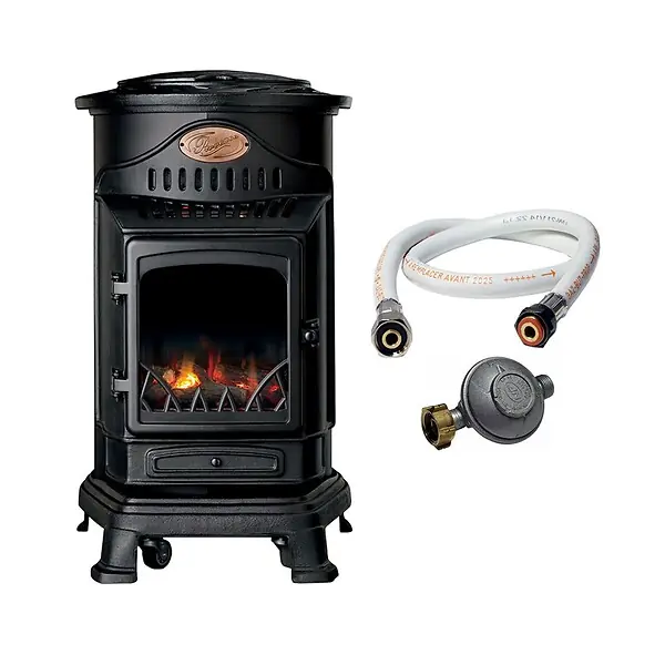 Nouvel Arrivage Poêle à gaz 3,4KW NOIR Fonte Véritable Effet feu de bois + Tuyau gaz + Détendeur butane Provence UNIVERSAL