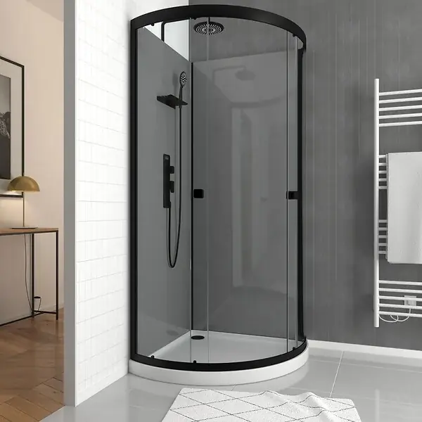 Cabine de douche 1/4 de cercle 90x90x207/222 cm - Receveur bas - Fonds Gris Profilés Noir Mat - FOGGY LOW AURLANE Authentique