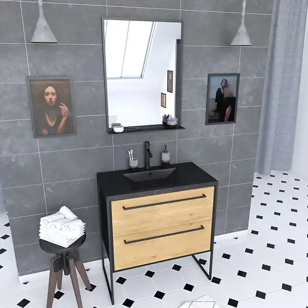 Expédié Aujourd'hui Meuble de salle de bain 80x50 cm NOIR MAT - 2 tiroirs - vasque résine noire effet pierre + miroir AURLANE