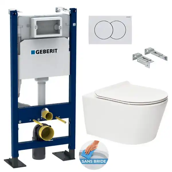 Populaire Geberit Pack Autoportant Bâti-support Duofix + WC sans bride SAT Brevis + Abattant ultra-fin, softclose + Plaque blanche