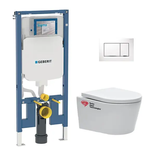 Pack WC Bati-support Geberit + WC Swiss Aqua Technologies sans bride + abattant SoftClose + plaque blanche (SLIM-SATrimless-H) Satisfait Ou Remboursé