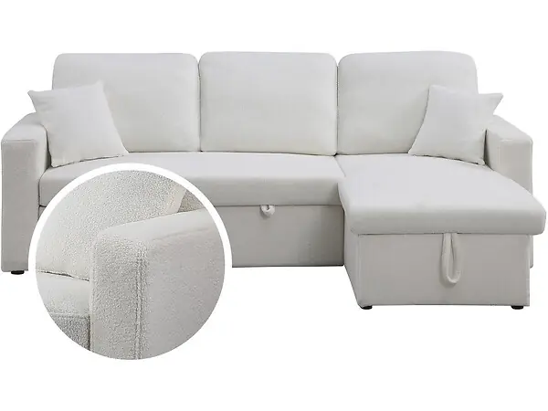 Bon Plan Canapé d‘angle convertible/reversible avec coffre "Alain" - 3 places - Bouclettes - Blanc HABITAT ET JARDIN
