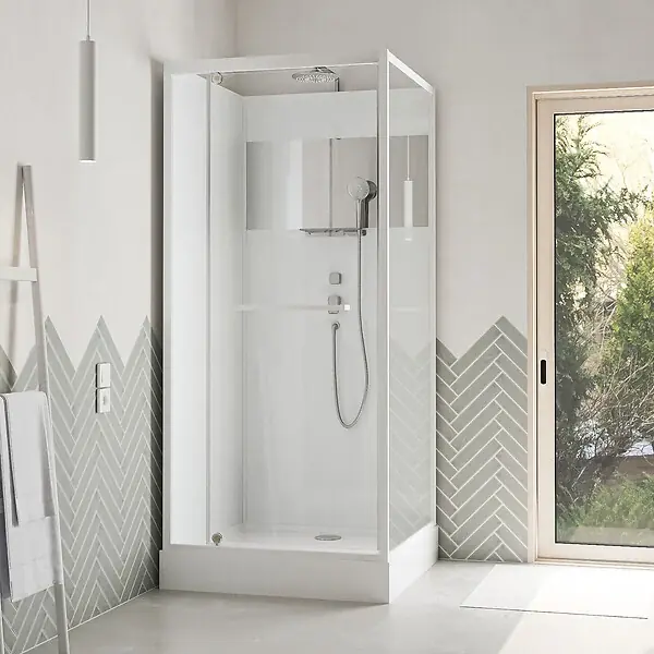 Bon Marché Cabine de Douche Carrée 90x90cm Porte Pivotante - Blanche - Bande Effet Miroir - SQUARE STRIPE AURLANE