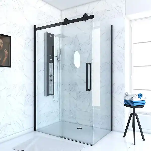 Meilleur Choix Porte de douche coulissante 120x200cm noir mat - rail soft close + RETOUR 80 - RAILROAD DARK AURLANE