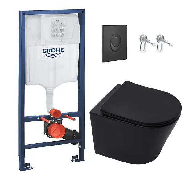 Commande En Gros Grohe Pack WC Bâti-support Rapid SL + WC Infinitio sans bride noir mat + Abattant softclose + Plaque noire mat