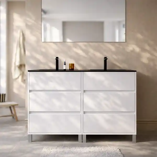 Super Prix Meuble de salle de bains 120cm Blanc 6 Tiroirs et Vasque Double Céramique Noire - XENOS AURLANE