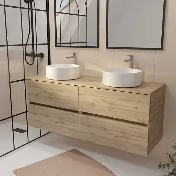 Jusqu'à Épuisement Des Stocks Meuble de salle de bains 140 TIMBER Décor Chêne - 4 Tiroirs - 2 Vasques Rondes Blanches 36cm AURLANE