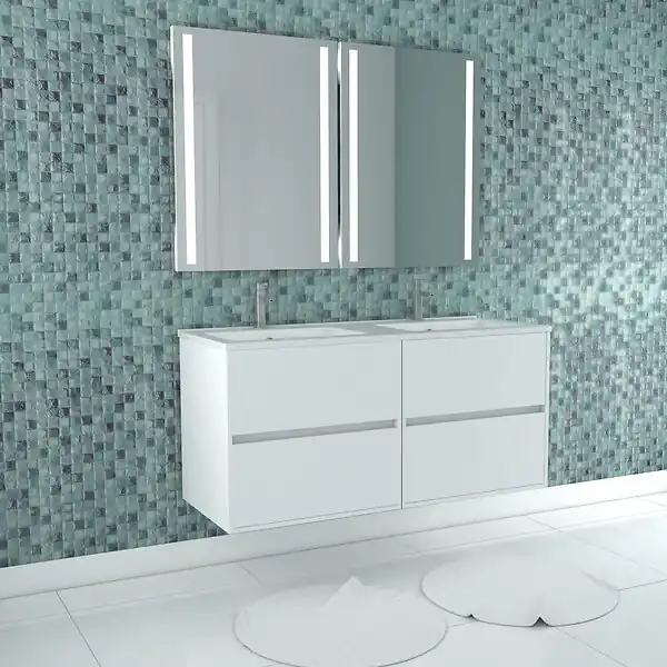 Meuble Salle de Bains 120 cm Laqué Blanc 4 Tiroirs, Vasque, Miroirs 60x80 à Leds intégrées - XENOS AURLANE Affaire À Saisir