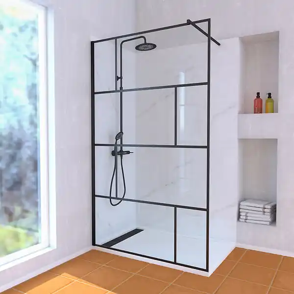 Usine Directe Paroi de Douche 120 cm Sérigraphie Noire et Receveur Blanc 80x120 + Colonne de Douche Mécanique AURLANE
