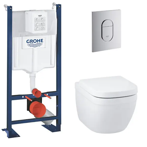 Pack WC Bâti support Grohe Rapid SL + Cuvette sans bride Grohe Euro Ceramic, Blanc + plaque de déclenchement Chrome (39536000) Promotion Saisonnière