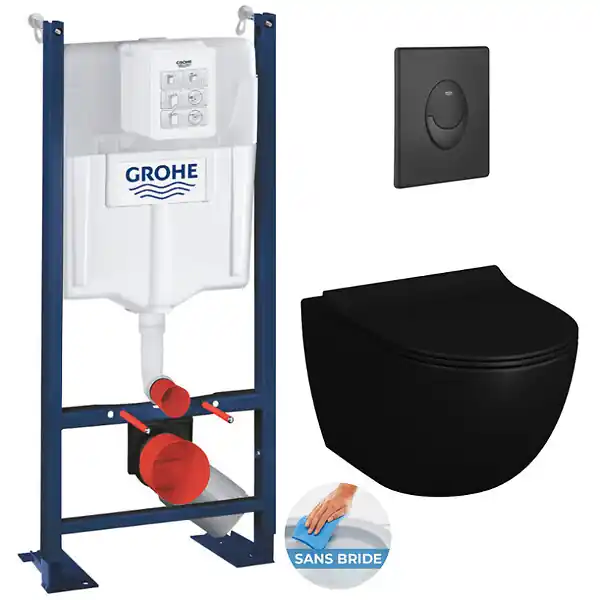 Offre Du Jour Grohe Pack WC Bâti autoportant Rapid SL + WC sans bride Infinitio 2.0 Noir mat + Abattant softclose + Plaque Noir mat
