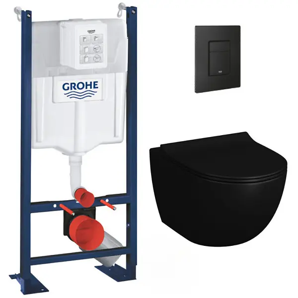 Nouvel Arrivage Grohe Pack WC Bâti autoportant Rapid SL + WC sans bride Infinitio 2.0 Noir mat + Abattant softclose + Plaque Noir mat