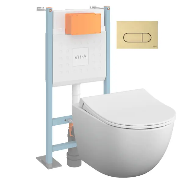 Offre Exclusive Pack WC suspendu VitrA Sento blanc mat + bâti autoportant V-Fix Core + Plaque Round or brossé