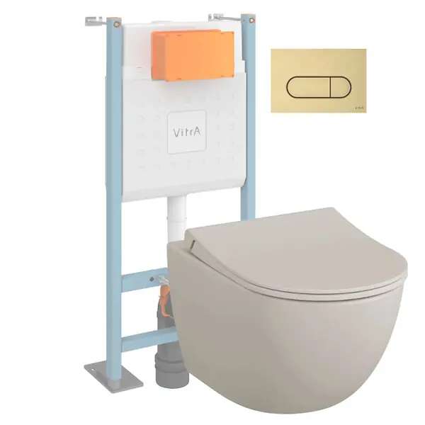 Pack WC suspendu VitrA Sento lin mat + bâti autoportant V-Fix Core + Plaque Round or brossé Prix Cassé