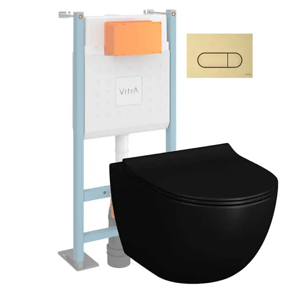 Pack WC suspendu VitrA Sento noir + bâti autoportant V-Fix Core + Plaque Round Or brossée Satisfait Ou Remboursé
