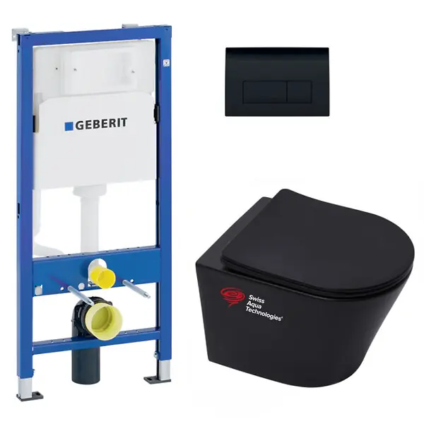 Pack WC Bati-support Geberit + WC sans bride Swiss Aqua Technologies + Abattant frein de chute + plaque Delta 50 noire mat Usine Directe