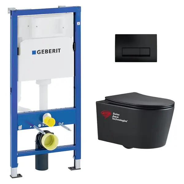 Prix Réduit Pack WC Bati-support Geberit + WC Swiss Aqua Technologies sans bride + abattant SoftClose + plaque noire mat (BLSATGEB10SP)