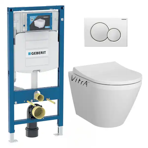 Pack WC Bati-support Geberit + WC Vitra Integra fixations invisibles + Abattant softclose + Plaque blanche (GebIntegraRimless-B) Petit Prix