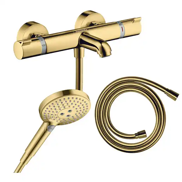 Pack mitigeur bain douche thermostatique Ecostat Comfort + Flexible Isiflex + Pommeau Raindance Select 3jets doré HANSGROHE Usine Directe