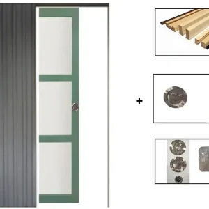 Porte Coulissante Vert Sauge RAL 6021 Vitrée H204 x L73 cm, Galandage, kit de finition GD MENUISERIES Quantité Limitée