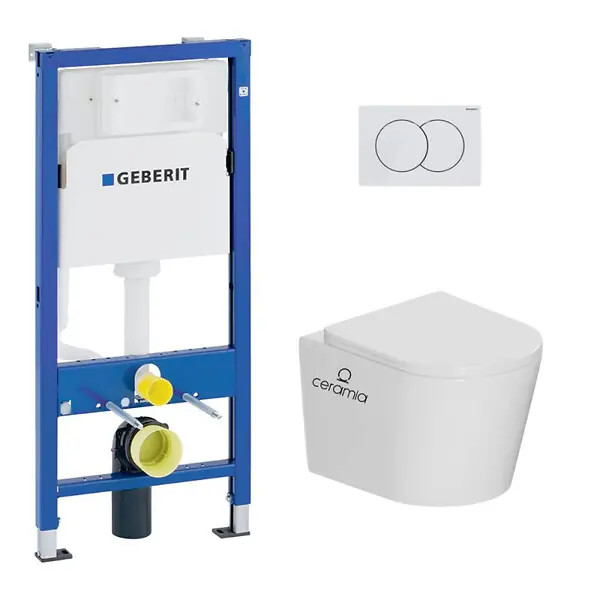 Quantité Limitée Pack WC bâti-support Duofix UP100 + WC suspendu Ceramia Vortex rimless + abattant SoftClose + plaque blanche (GEBCE14WT01FR-FS) GEBERIT
