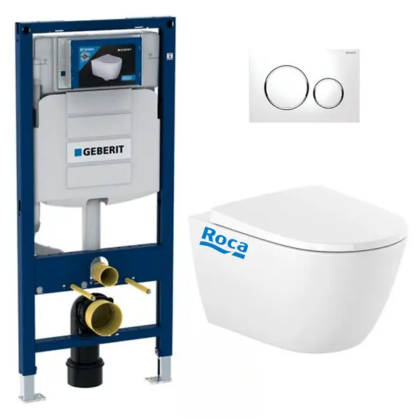 Pack WC Bati Geberit Duofix Bati-support Geberit UP320 + cuvette Roca sans bride + abattant Soft Close + Plaque de commande Bla Remise