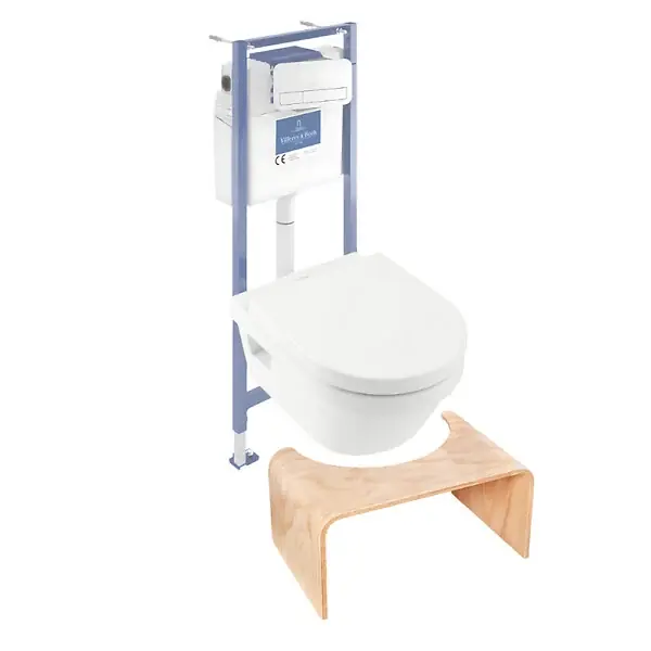 Pack WC sans bride Architectura abattant + bâti-support sol et mur + plaque blanche + Tabouret bois VILLEROY ET BOCH Prix Cassé