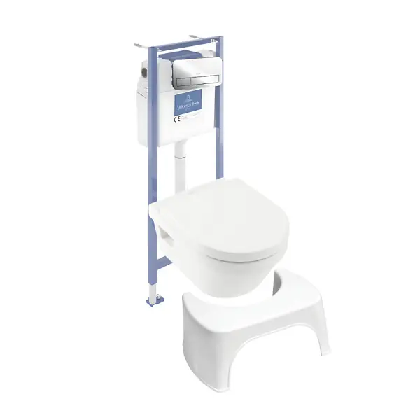 Pack WC sans bride Architectura abattant + bâti-support sol et mur + plaque chromée brillant + Tabouret blanc VILLEROY ET BOCH Offre Spéciale