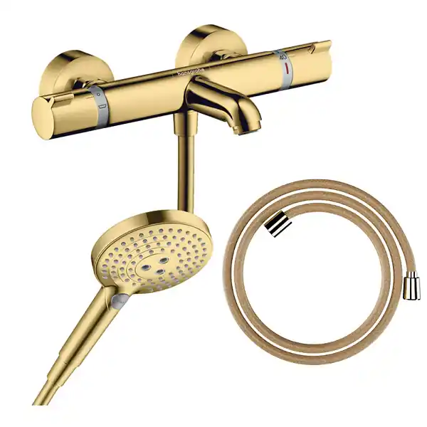 Commander Vite Pack mitigeur bain douche thermostatique Ecostat Comfort + Flexible Designflex + Pommeau Raindance Select 3jets doré HANSGROHE