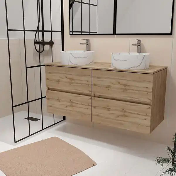 Prix Réduit Meuble Salle de Bains 120cm 4 Tiroirs Chêne Naturel - 2 Vasques Rondes 36cm Blanches Effet Marbre AURLANE