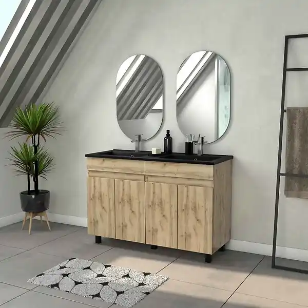 Meilleur Prix Meuble Salle de Bains 120cm 4 Portes Chêne Naturel + Vasque Noire et Miroirs Ovales AURLANE
