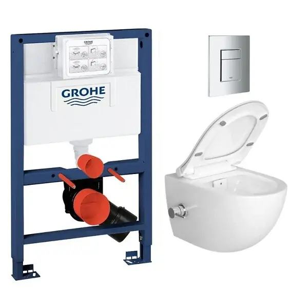 Haute Qualité Swiss Aqua Technologies Pack WC Bâti-support + WC sans bride SAT avec bidet thermostatique + Abattant SoftClose + Plaque Chrome