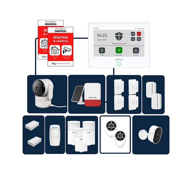 Daewoo - Alarme maison sans fil avec écran tactile 7‘‘ AM352 - 1 caméra extérieure autonome et 1 intérieure et 15 accessoires - Sans abonnement Achetez Aujourd'hui