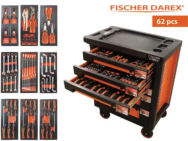 Servante d‘atelier 62 outils - Mousse bicolore - 9 modules FISCHER DAREX Commander Vite