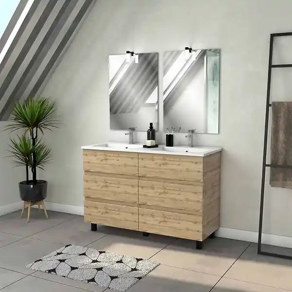 Haute Qualité Meuble Salle de Bains 120cm 6 Tiroirs Chêne Naturel + Vasque Blanche + Miroirs avec appliques Led AURLANE