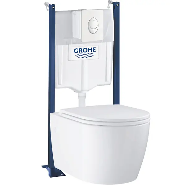 Pack WC suspendu sans bride Start Round Ceramic + abattant frein de chute + Bâti-support mur + Plaque blanc alpin GROHE Promotion