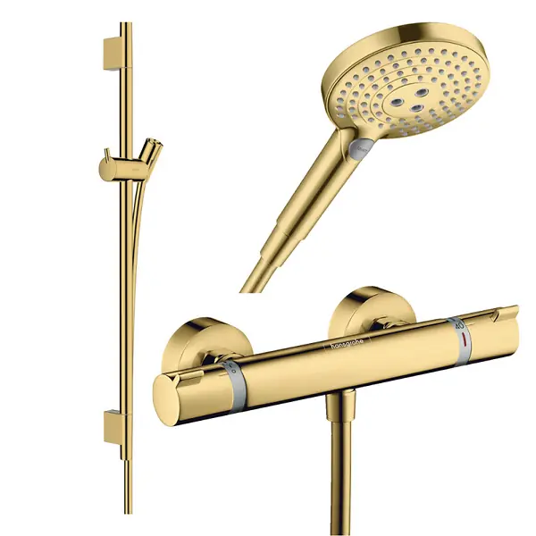 Pack mitigeur douche thermostatique Ecostat Comfort + Barre Unica + flexible + Pommeau Raindance 3 jets aspect doré poli HANSGROHE Petit Prix