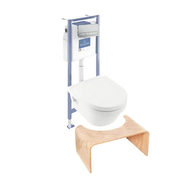Pack WC sans bride Architectura abattant + bâti-support sol et mur + plaque chromée mat + Tabouret bois VILLEROY ET BOCH Authentique
