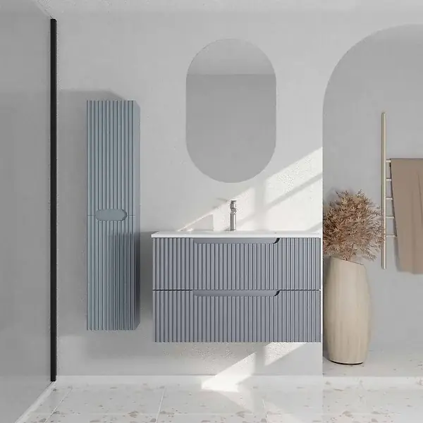 Meuble et colonne de Salle de Bains LEON 80cm Gris Souris - Façades Ondulées - Vasque Blanche Mate AURLANE Satisfait Ou Remboursé