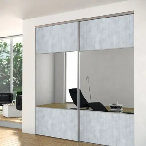 Promotion Porte de placard coulissante partitionnée bois ciment et miroir 1 vantail H 2,50 m x L 0,91 m YKARIO