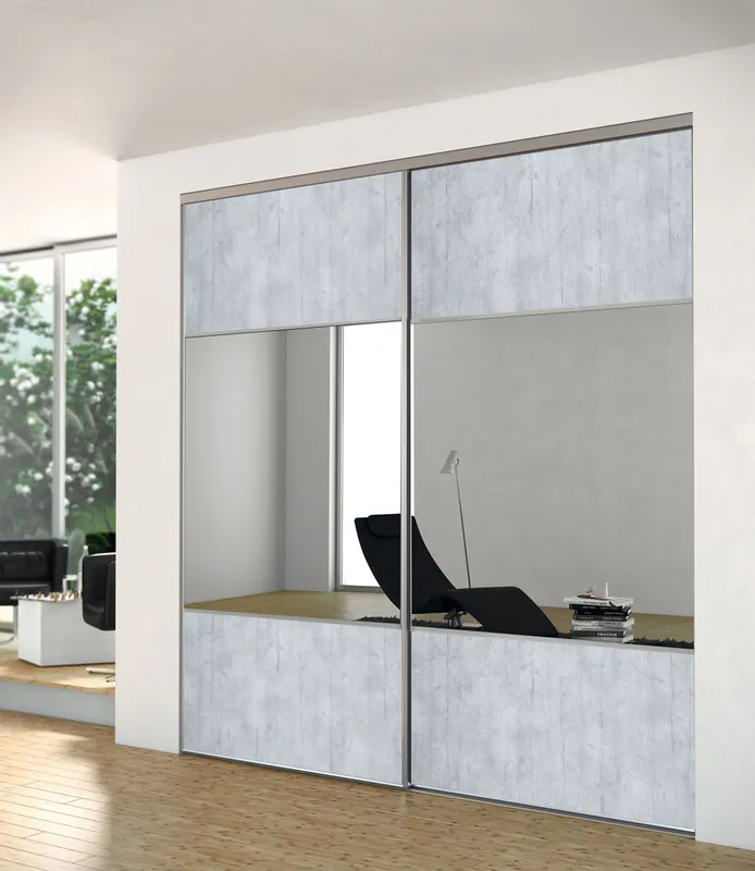 Promotion Porte de placard coulissante partitionnée bois ciment et miroir 1 vantail H 2,50 m x L 0,91 m YKARIO