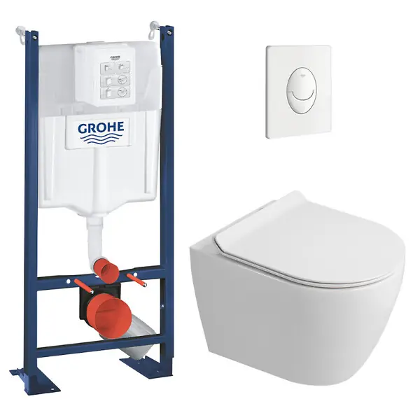 Rapid SL Pack WC bâti autoportant + WC suspendu sans bride Ceramia avec abattant SoftClose + plaque blanche (GRRCEPXWR05FR-FS) GROHE Prix Promo