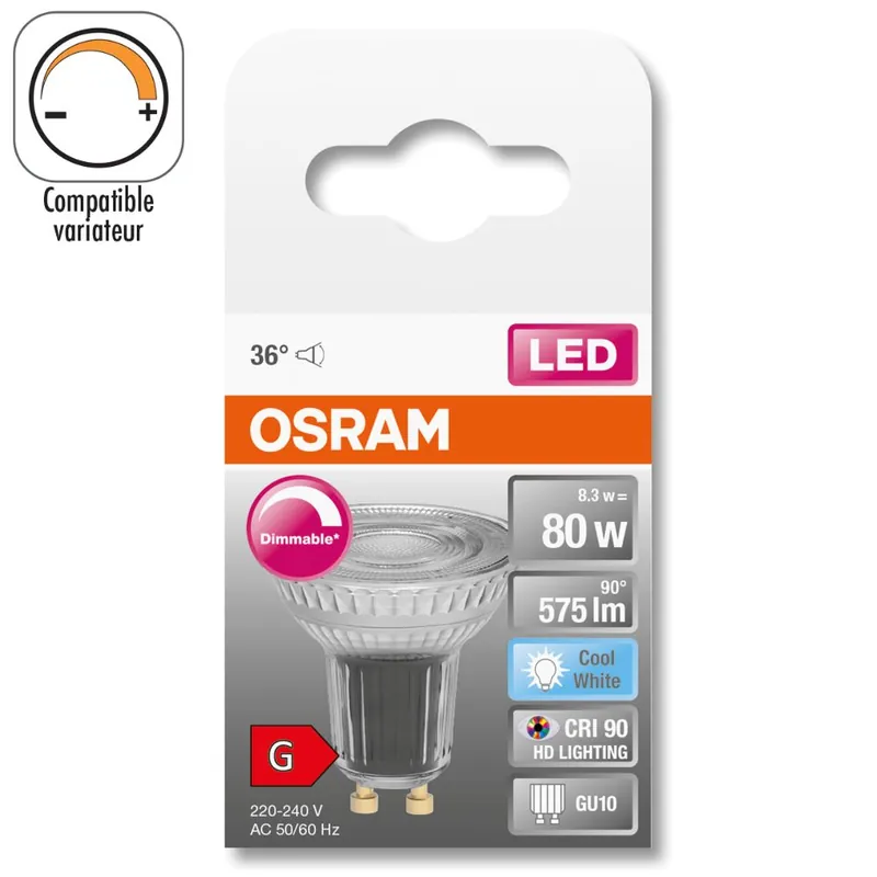 Promotion Saisonnière Ampoule LED spot variable GU10 8.3W = 575 lumens blanc neutre OSRAM